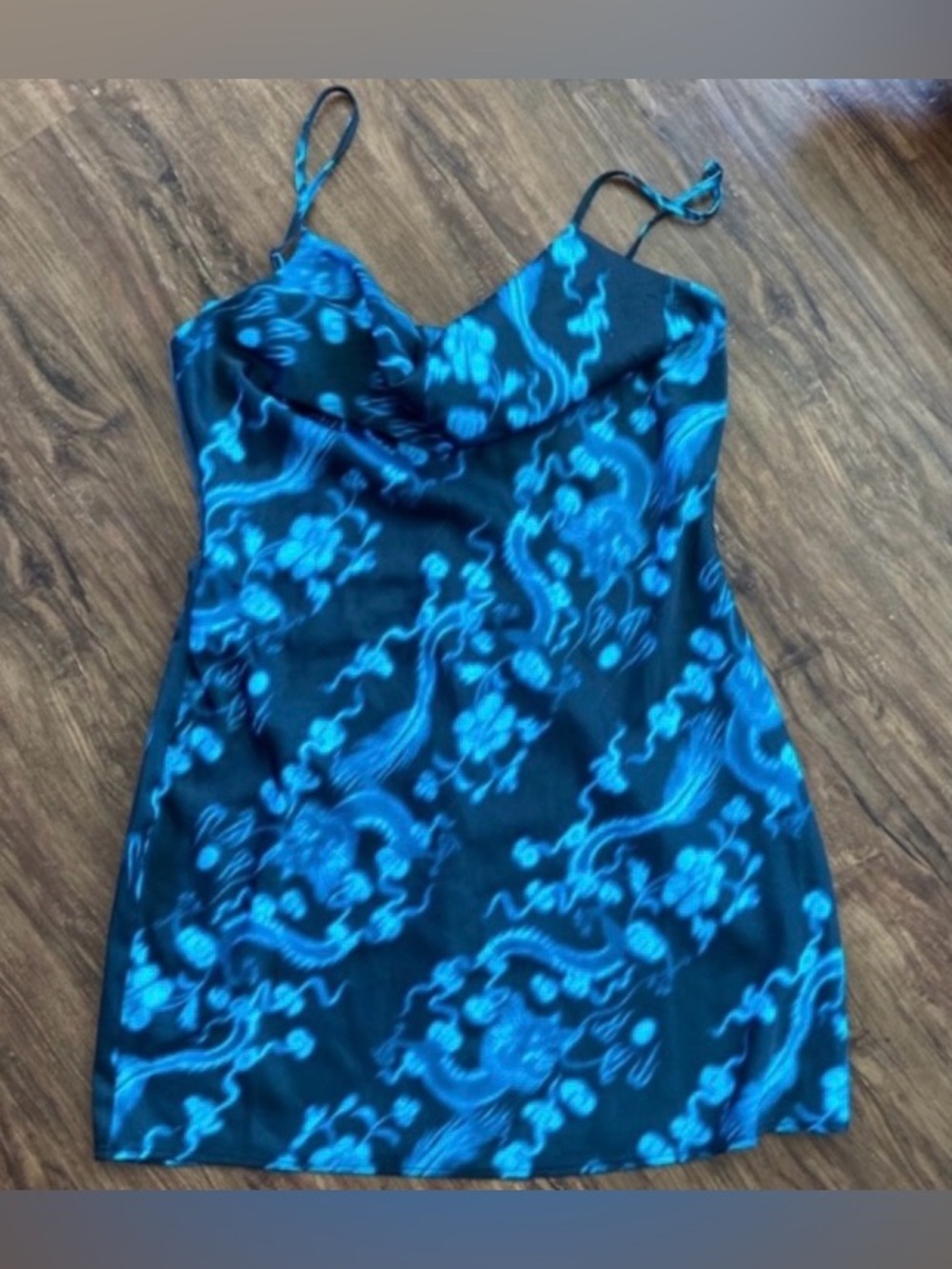 Urban Outfitters Black Mini Slip Dress with Electric Blue Dragon Print